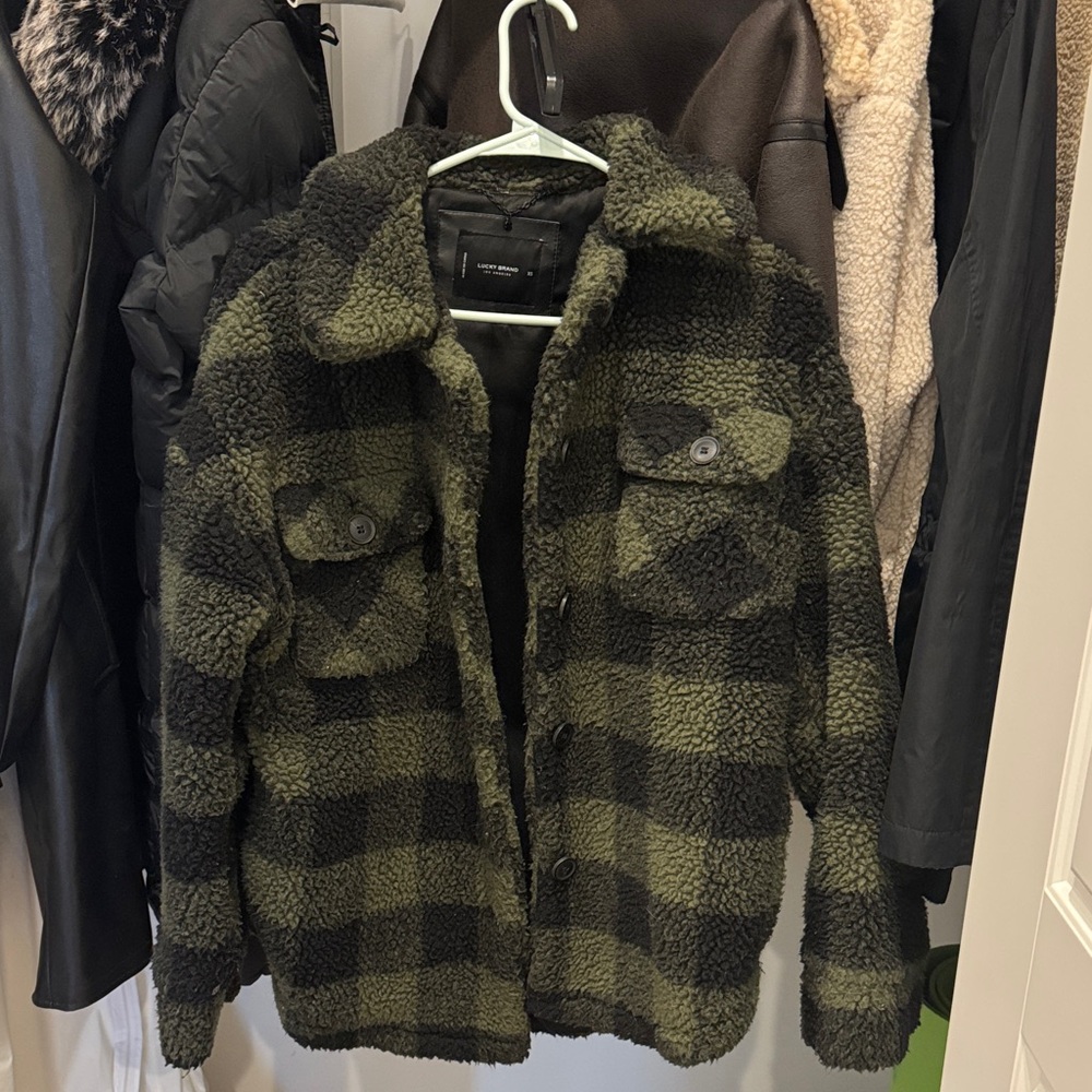 Lucky Brand Green and Black Plaid Teddy Jacket